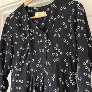 Maison Kitsune 100% Silk Black Floral Long-Sleeve Dress